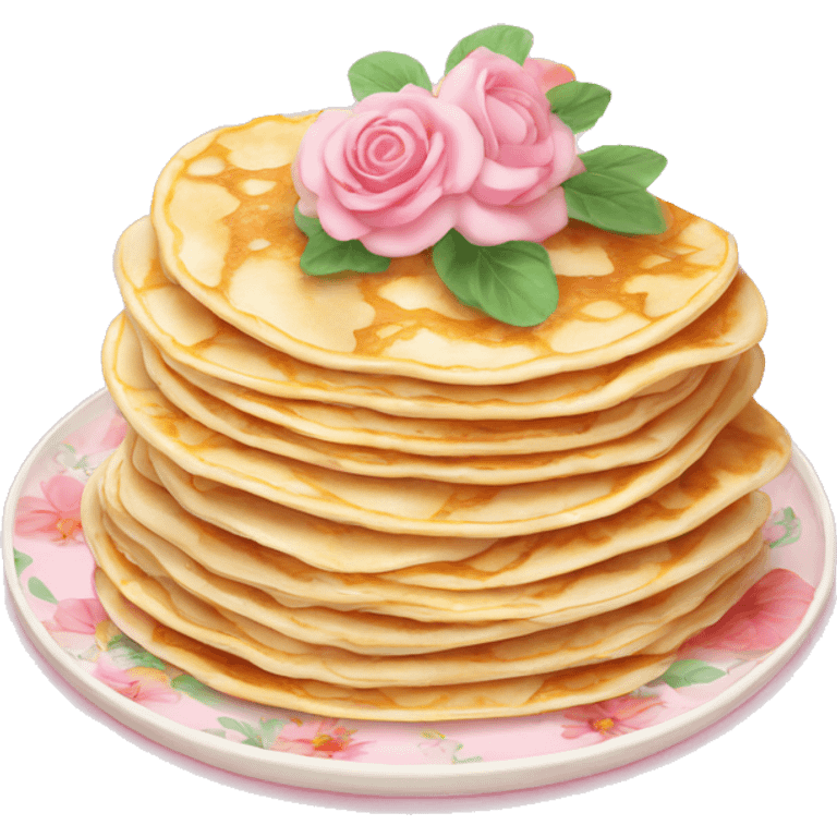 Crepes stacked on a light pink porcelain plate with floral print  emoji