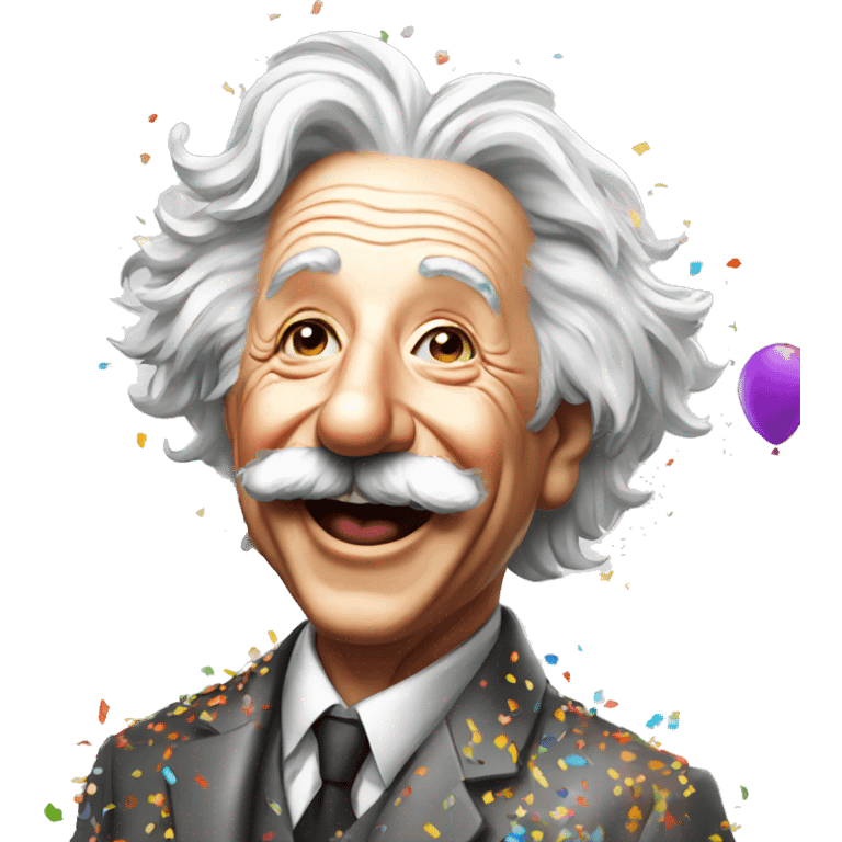 happy albert einstein with lots of colourful confetti and party balloons emoji