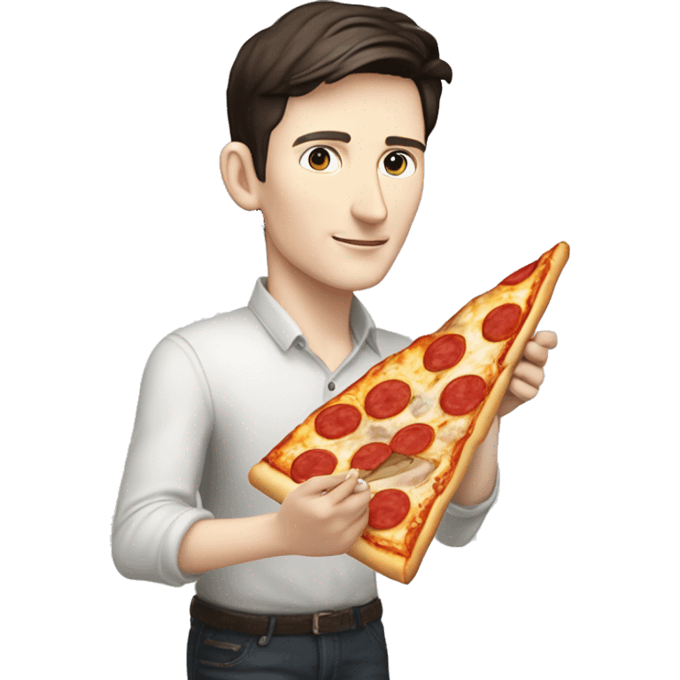 Pavel Durov holding a pizza and writing on top "КУШАТЬ И ТОЧКА" emoji