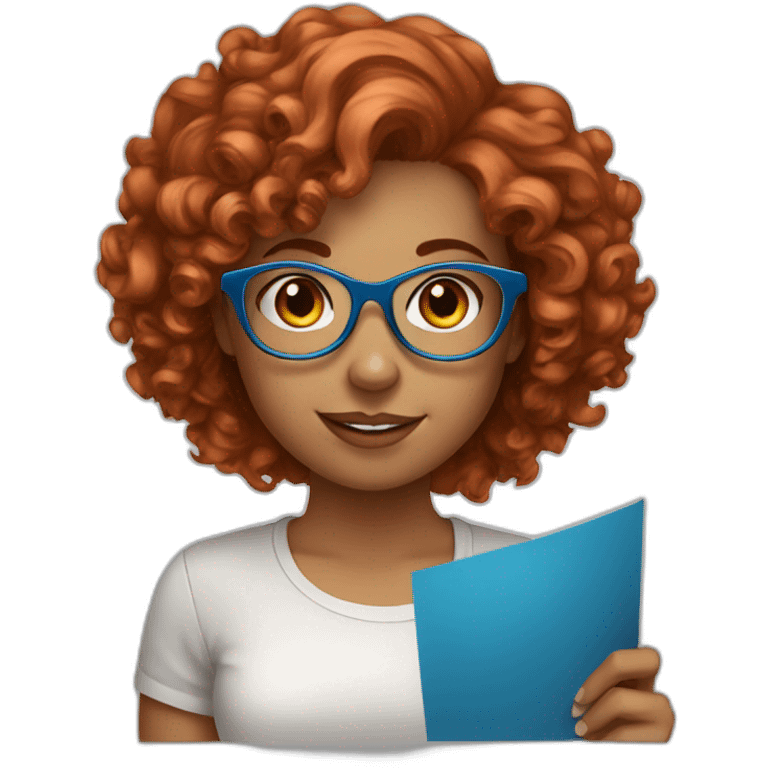 pretty girl with curly copper hair and blue glasses holding a big banner emoji