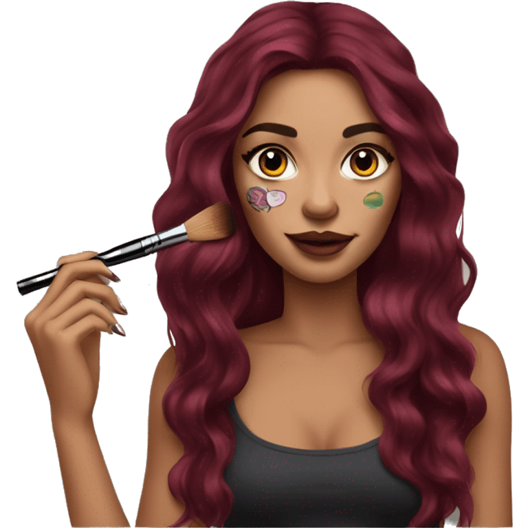 Beautiful tattooed burgundy long haired woman doing her makeup emoji