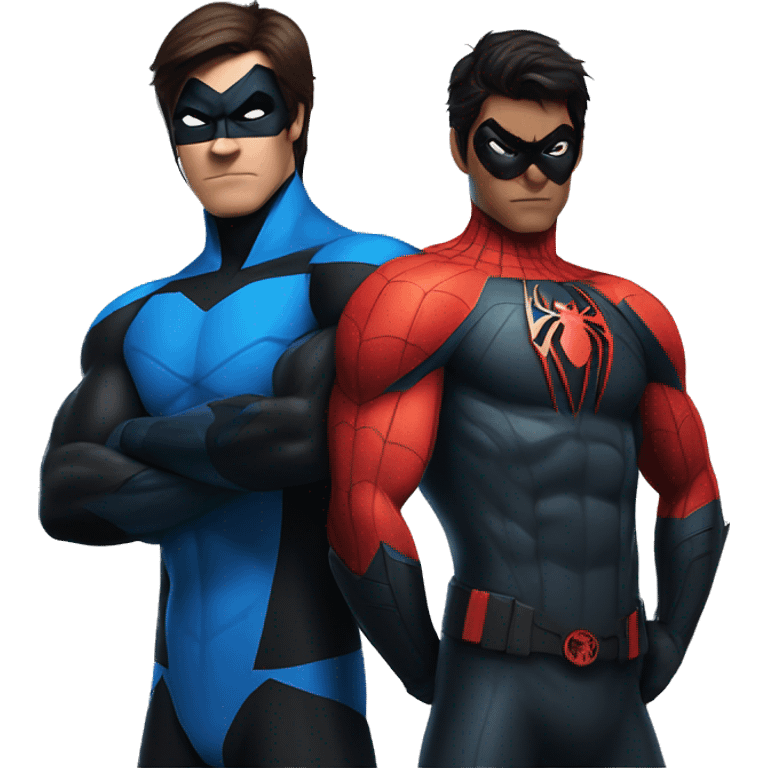 Nightwing standing with arms crossed back to back with Spider-Man standing with arms crossed emoji