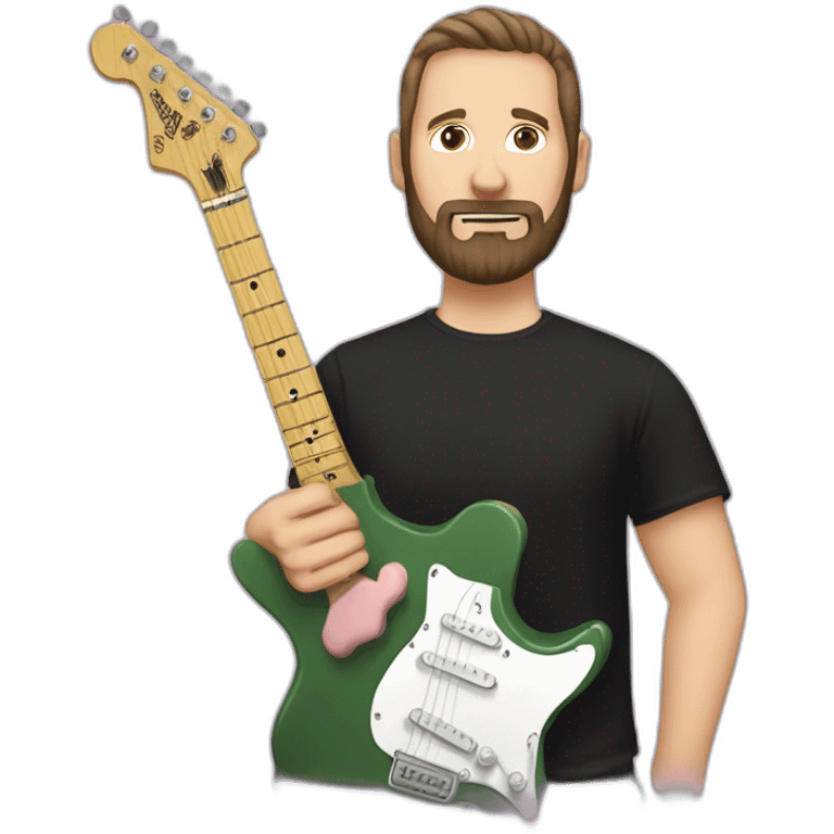 white man with dark beard and black t shirt and pastel pink stratocaster electric guitar emoji