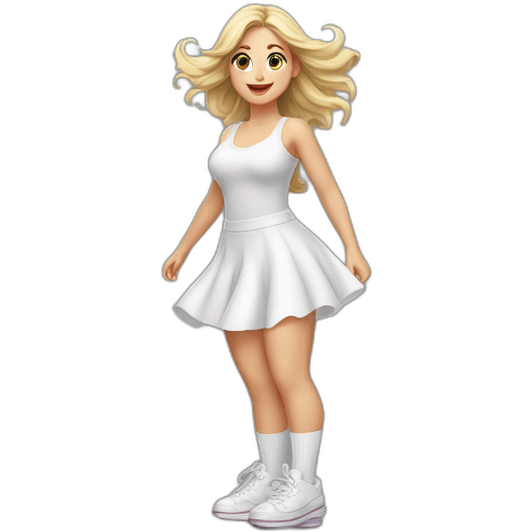 hyperrealistic-full-body-caucasian-curvy-beauty-jumping-small white-skirt-back-and-front-views-strong-wind-knickers white socks emoji