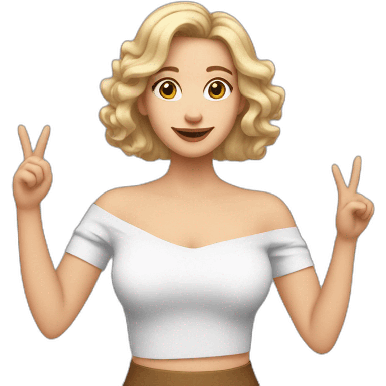 white woman with shoulder-length wavy hair, wearing an off-shoulder top, and making this gesture 🫶🏻 emoji