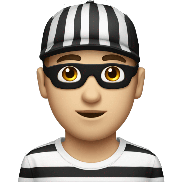 Guy wearing white and black striped shirt with a black cap and black eye mask emoji