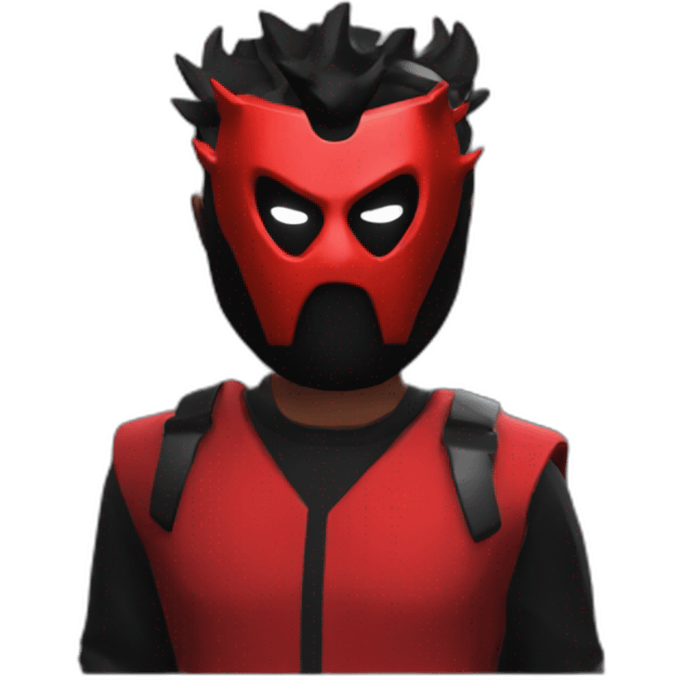 Roblox avatar whit red shirt and black paint and red demon mask emoji