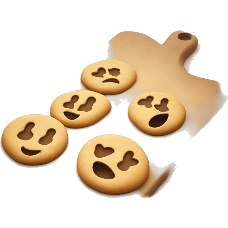 Flat Realistic raw cookie dough rolled on wooden cutting board with cookie cutters sitting in the dough. emoji