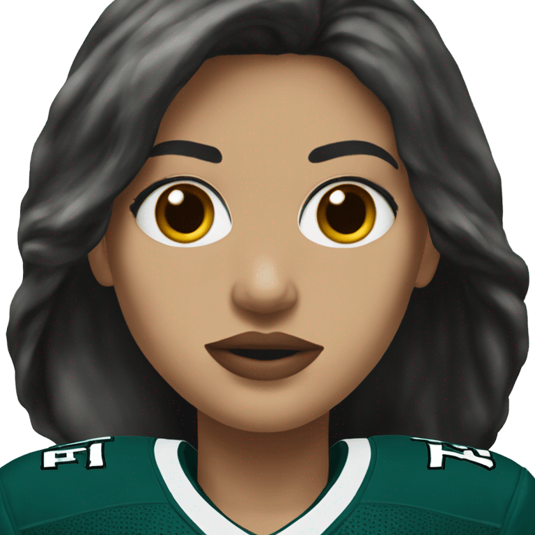 White female long dark hair red lips wearing Philadelphia Eagles jersey emoji