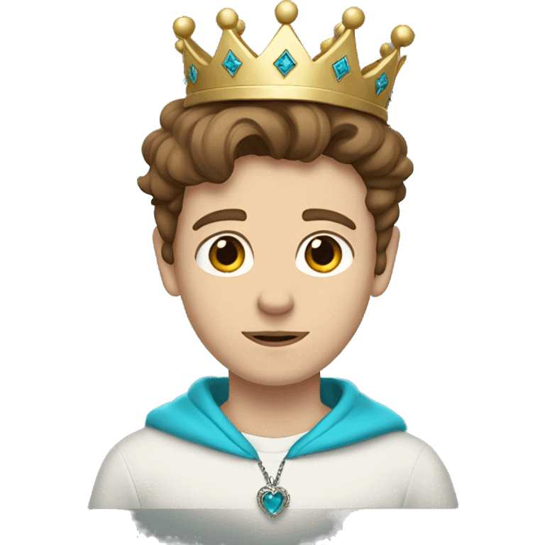 White boy, with brown hair and brown eyes. He wears a white sweatshirt with a cyan heart in the right corner. He has a crooked royal crown.  emoji