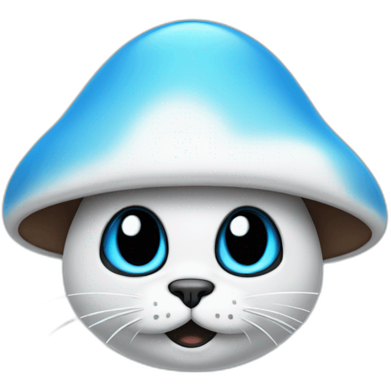 Old Blue smurf cat face with black eyes wearing a large white mushroom on his head emoji