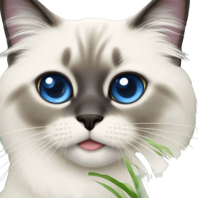 blue eye birman cat eating grass emoji