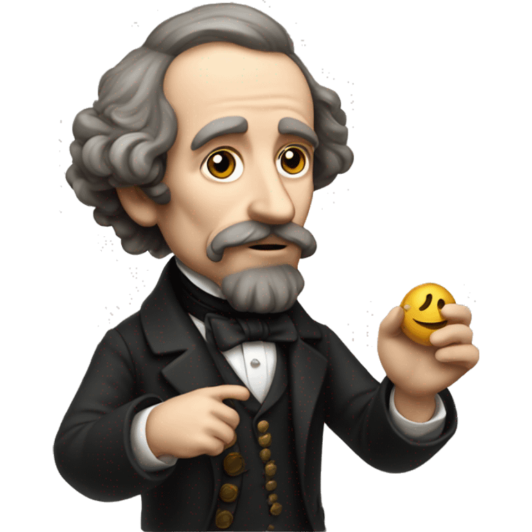 Charles Dickens holds an emoticon in his hand emoji