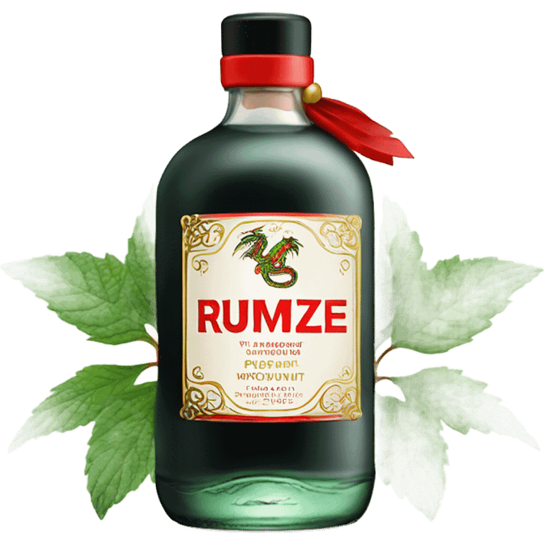 clear bottle of rumpleminze peppermint alcohol with a label that black with red border and font that has a small gold dragon on the label emoji