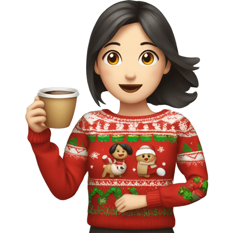 asian girl drinking coffee wearing cute Christmas sweater emoji