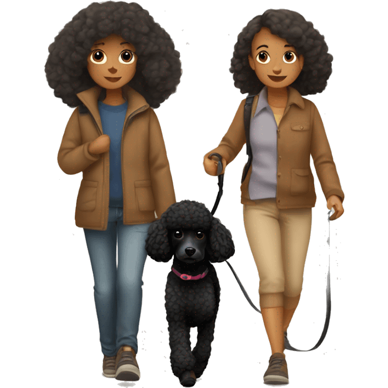 3 legs One Small unshaved Black Poodle with brown harness is walking with girl emoji