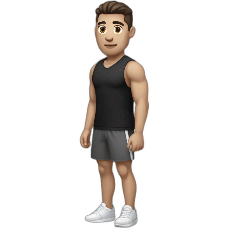 Pale skinned Fit Man With the biceps and dark brown hair in black shirt, gray sports shorts and white Sneakers emoji