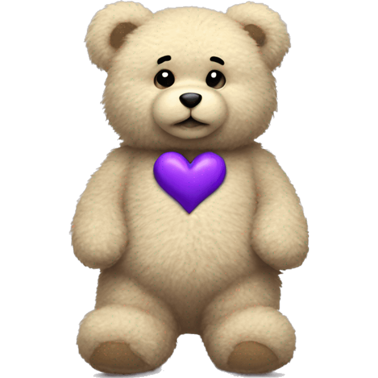 Beige fluffy teddy bear with small purple heart patch on chest emoji