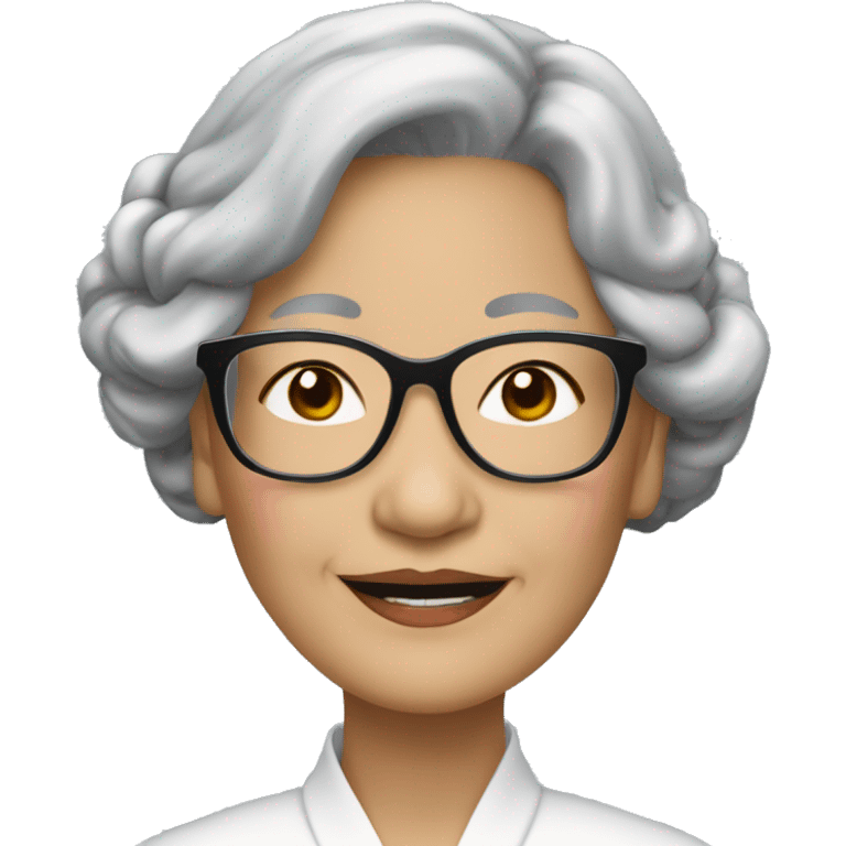 elegant old asian woman with long wavy black hair tied up, wears rimless spectables emoji