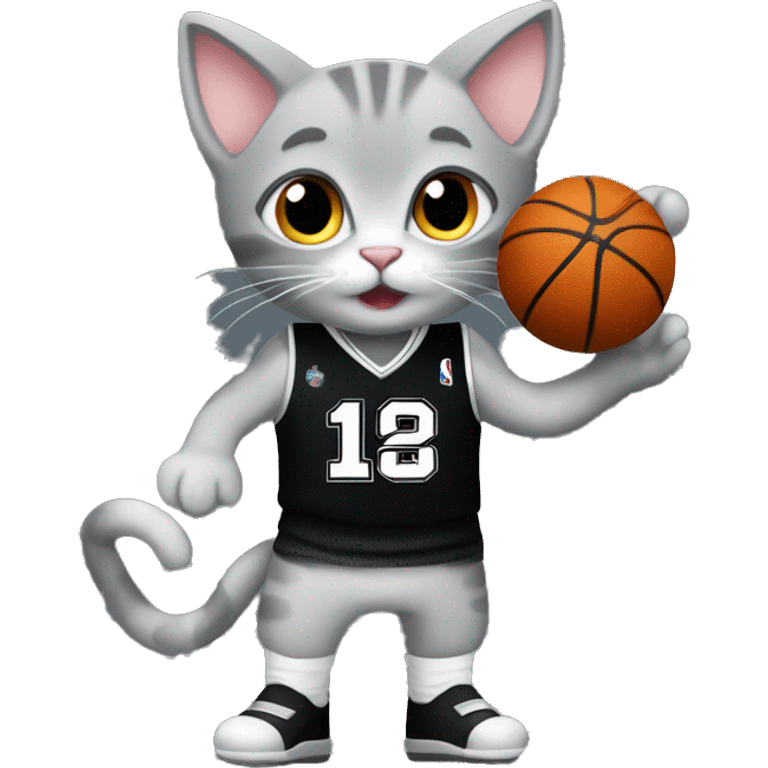 Grey kitten in a black San Antonio spurs jersey with the number 1 playing basketball  emoji