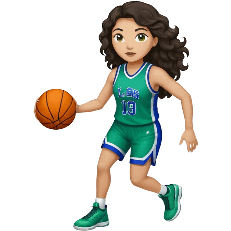 full figure plus size light latino women basketball player with wavy dark hair wearing blue and green uniform emoji