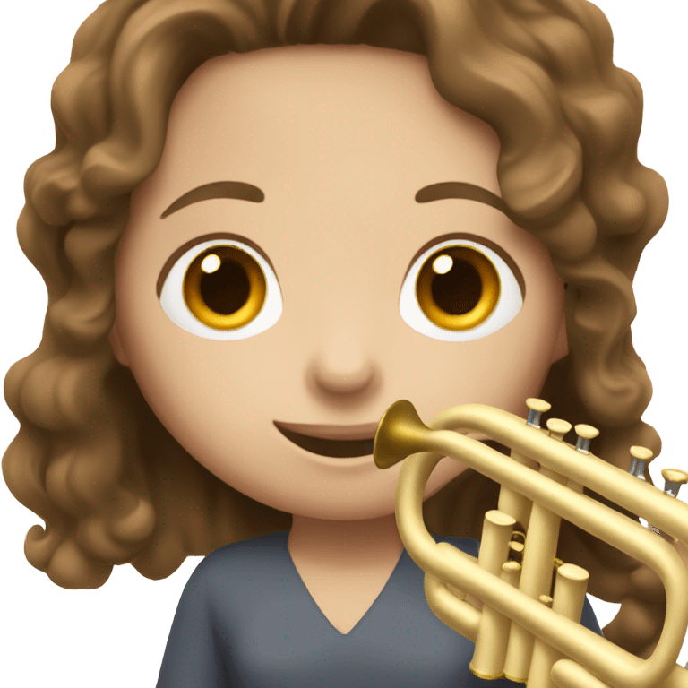 Girl with wavy brown hair and brown eyes and white skin playing trumpet  emoji