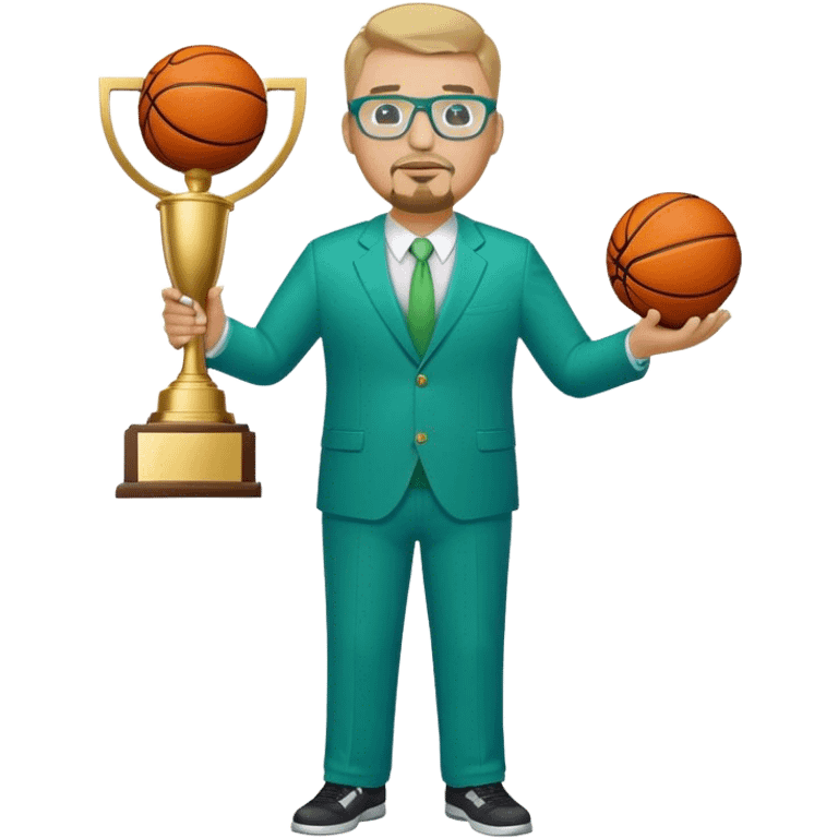 Full Body white plus size man  wearing glasses with a goatee with dirty blond short hair basketball head Coach in blue and green suit holding trophy emoji