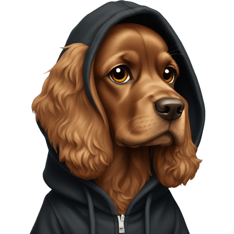 brown cocker spaniel wearing a black hoodie emoji