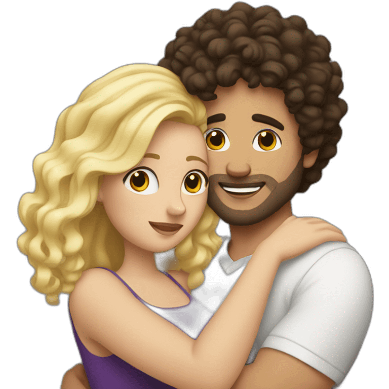 White man with dark curly hair hugging a blonde curvy woman emoji