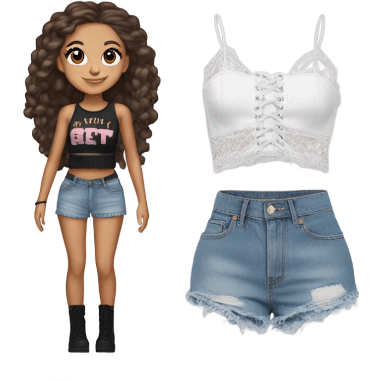 Ariana grande in a plush lace up croc top and short jeans  emoji