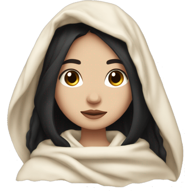 Girl with pale skin black shoulder length hair in a blanket all cozy emoji