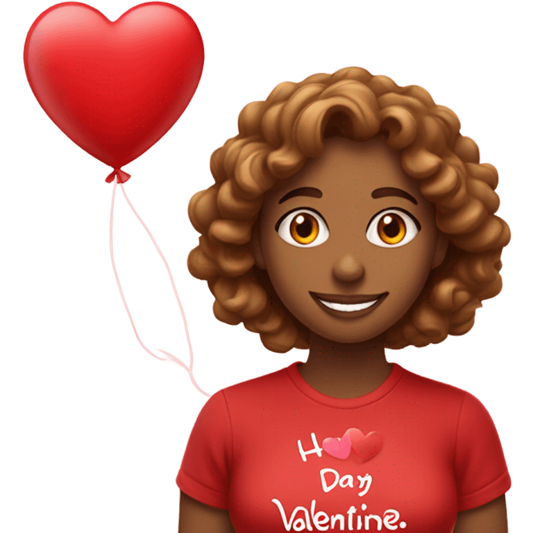 Light brown woman with long brown  curly hair with a red happy Valentine’s Day t-shirt emoji