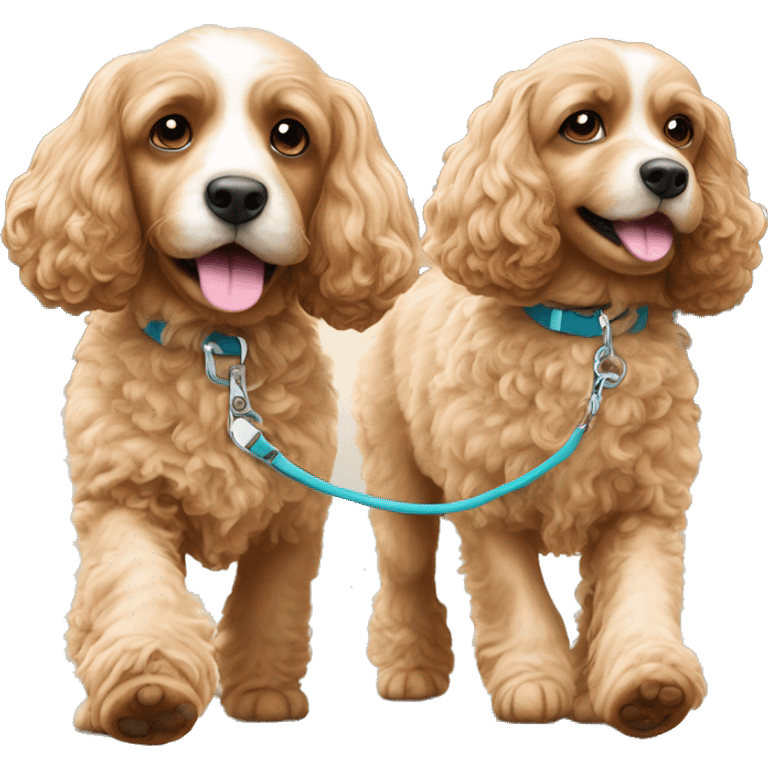 Brown Brother and sister cavapoos walking on leash emoji