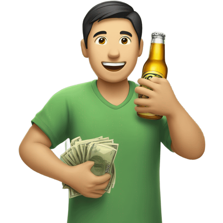 Asian man happily taking money and giving beer emoji