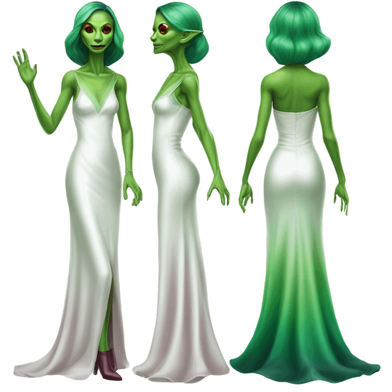 reptilian green alien woman, in( long slim pastel color:#FFFFFF formal party satin dress with gradient shiny sparkling dark red), full figure, full body emoji