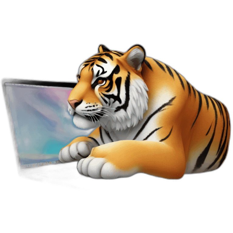 A tiger on a laptop with an "AVEX" sticker on it emoji