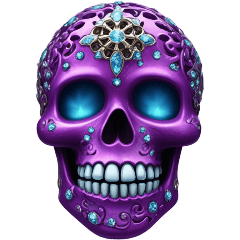 Realistic isolated metallic dark purple,magenta,light blue,and hot pink filigree super skull decorated with shiny diamonds and rhinestones.  emoji