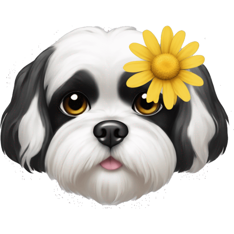 Black and white shih tzu long ears with a daisy  emoji