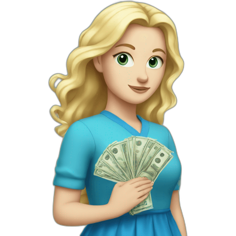 white girl in a blue dress holding the money emoji