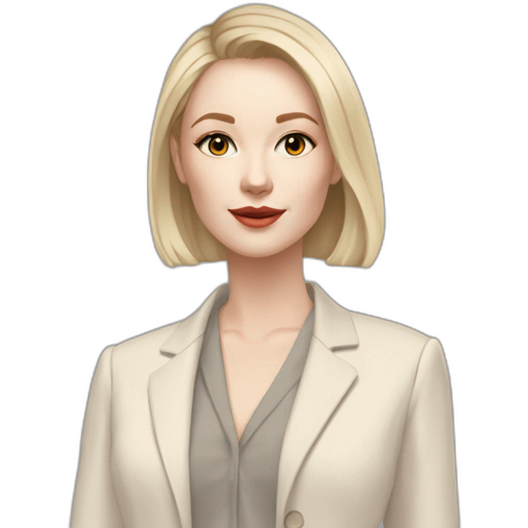 pale skin woman with ash blonde Straightened bob Hair, White Spacious classical jacket, beige palazzo Arrow pants and gray blouse holding a color palettes in the hands emoji