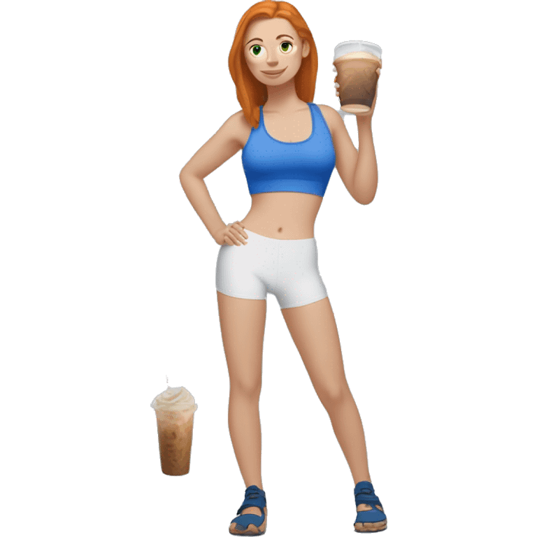 Ginger straight haired white girl in blue sports bra and leggings and birkenstocks drinking iced coffee emoji