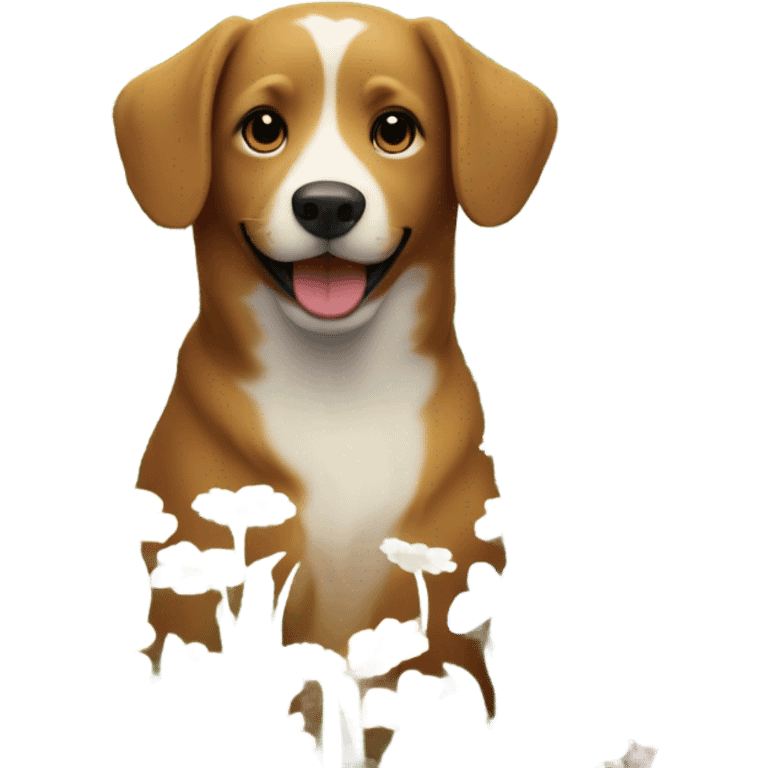 dog enjoying nature among flowers with flower emoji