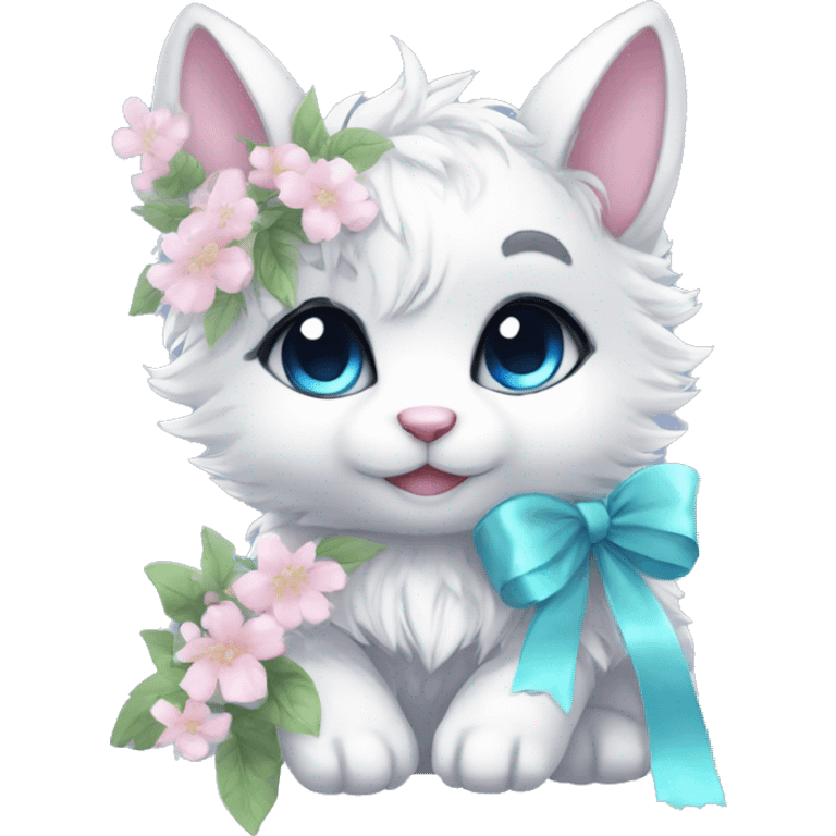 Anthro Cute Cool Blushing Pastel Innocent Shy Kawaii gorgeous sparkly ethereal fantasy animal creature with blue eyes furry sona with flowers and ribbons beautiful aesthetic emoji