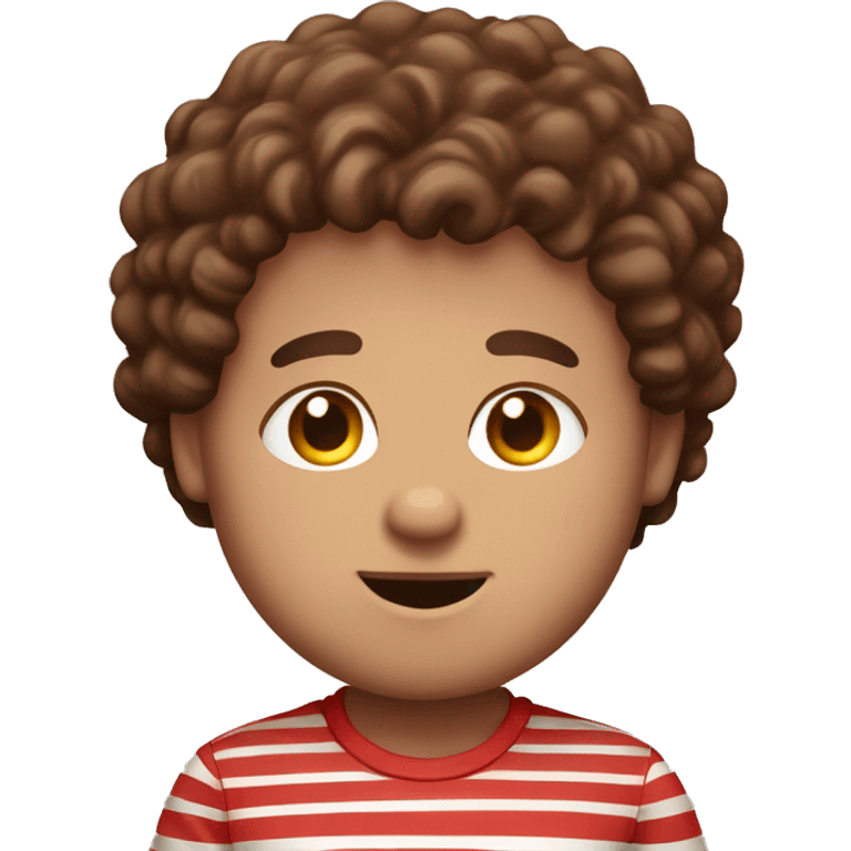 A big fat boy with chocolate all around his face with big blue eyes and brown curly hair with a red and white stripy shirt emoji