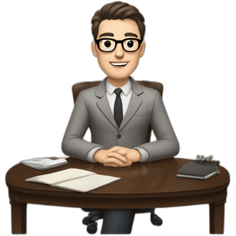 Pale skinned Fit Man With dark brown hair in gray jacket, beige office shirt and vintage glasses sitting In a soft chair with a notebook with emblem Ψ and a pen in his hands emoji