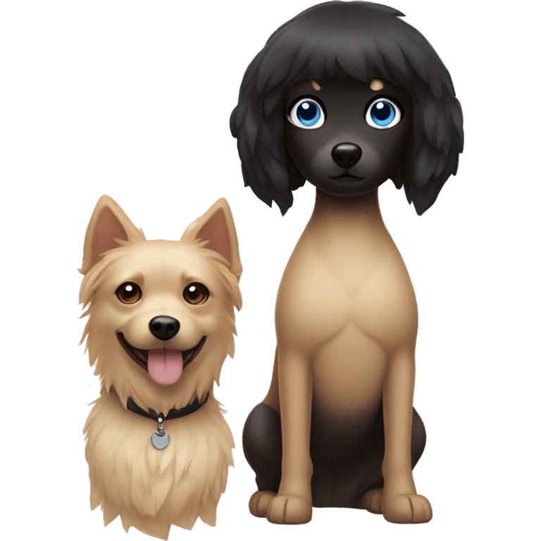 blonde girl with a bob and blue eyes next to a black Spitz dog with a beige chest emoji