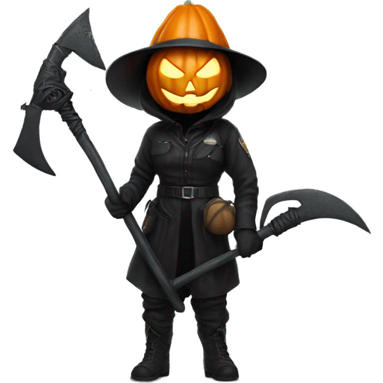 Human female pumpkin hunter with a scythe, glowing pumpkin eyes inside a black helmet, Halloween theme, emoji" emoji