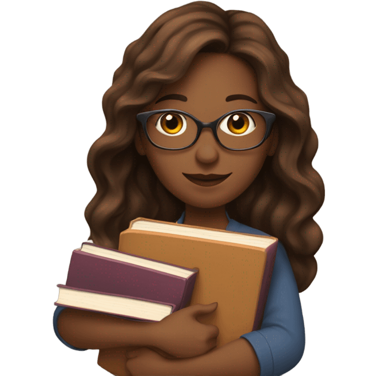 A woman with long wavy brown hair and books emoji