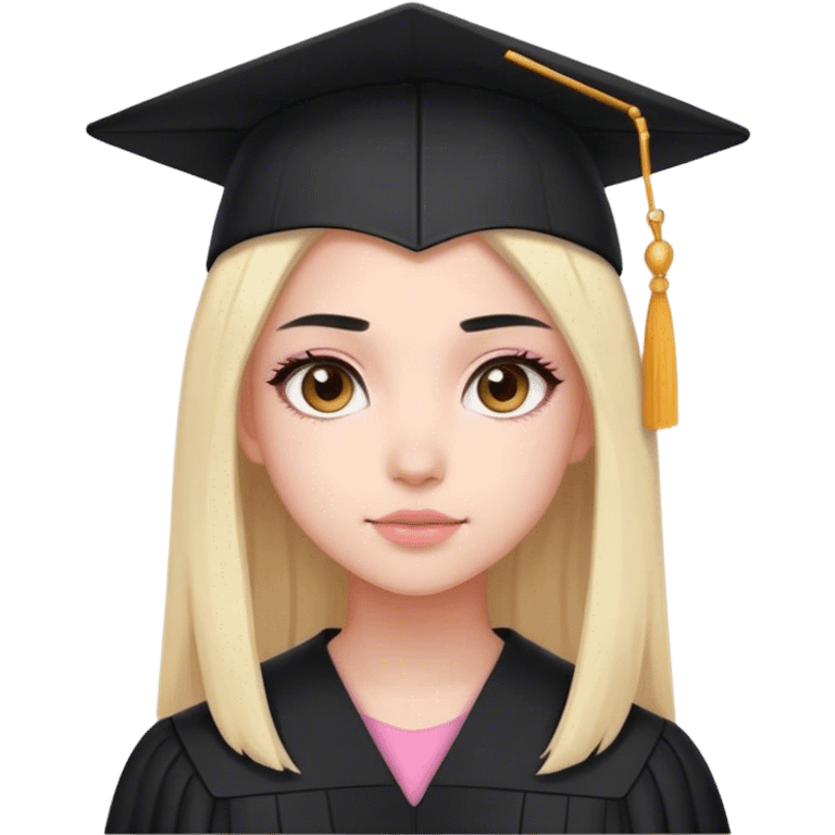 graduated girl with black hair (blonde ends), light brown eyes. Mostly pink colour aesthetic emoji