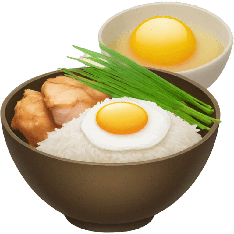 a bowl of rice with two eggs and two chicken emoji